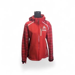 Odlo Women's Red Soft Shell Jacket With Plaid Sleeves Size L Flaw